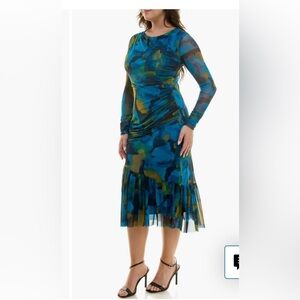 LUCKY BRAND chiffon Midi Green/ blue/ yellow Draped Mesh Dress size M NWT